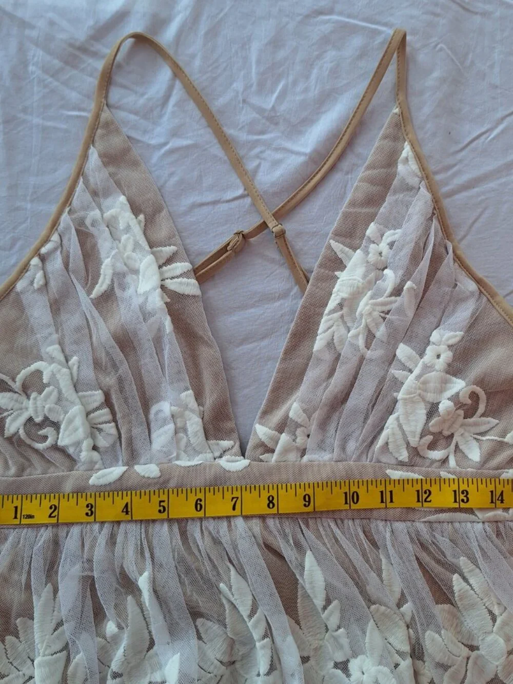 Ethereal Embroidered Lace Maxi Dress Nude Mesh White Floral Open Back L - Picture 6 of 10